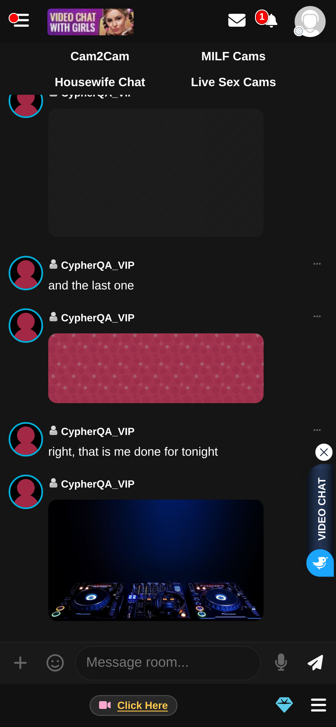 A chat room on a phone with Safe Mode off: images visible