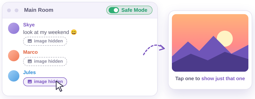 Safe Mode on: chat images replaced by &lsquo;image hidden&rsquo;, one tapped and shown